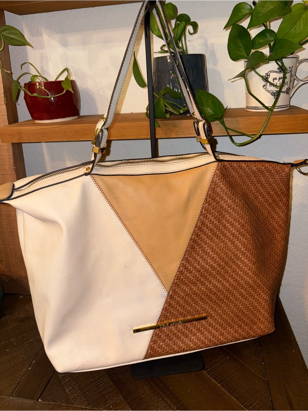 Steve Madden Tri-Panel Tote in White, Tan & Brown